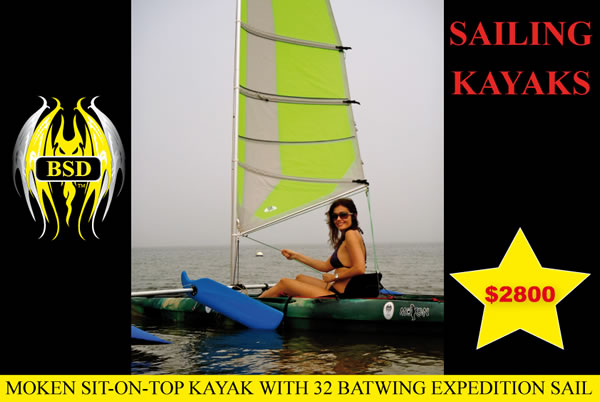 MOKEN, sit-on-top kayak with 32' Batwing Expedition sail